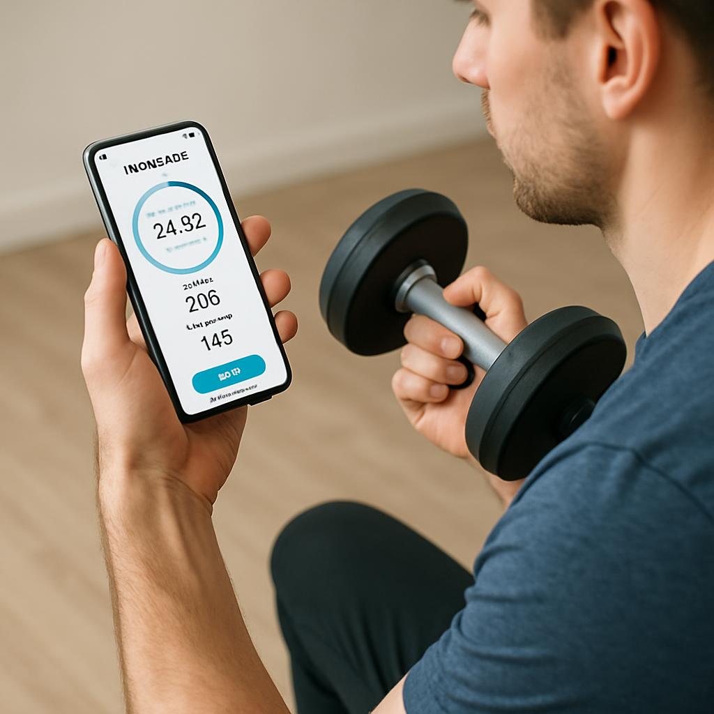 A person using a workout app on a smartphone while holding dumbbells