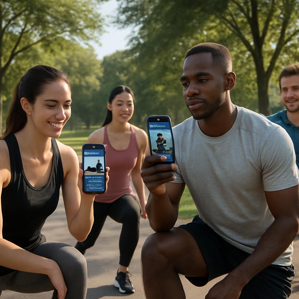 A group of people exercising outdoors while using a workout app on their smartphones